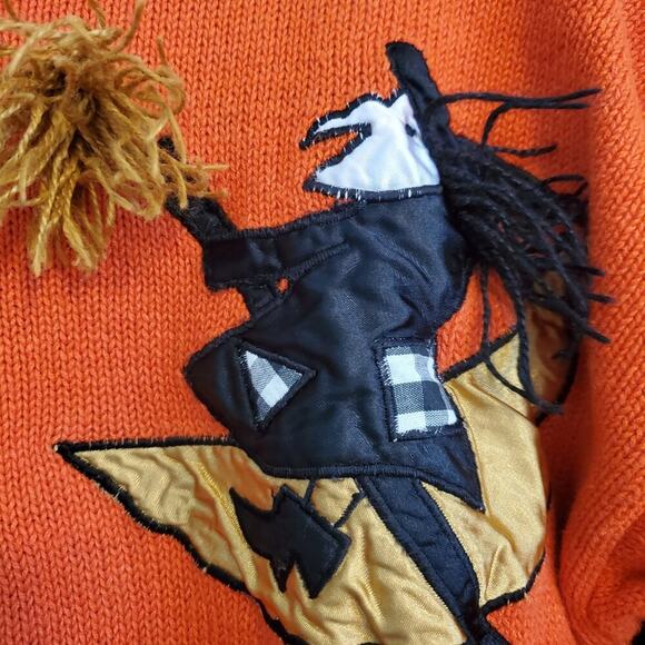 Vintage 80s Orange Halloween Maximalist Beaded Embroidered Sweater Ghost Witch - Picture 8 of 16